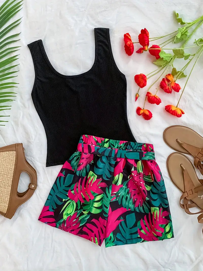 Elkie – Set composto da canotta in cotone a coste e pantaloncini stampati