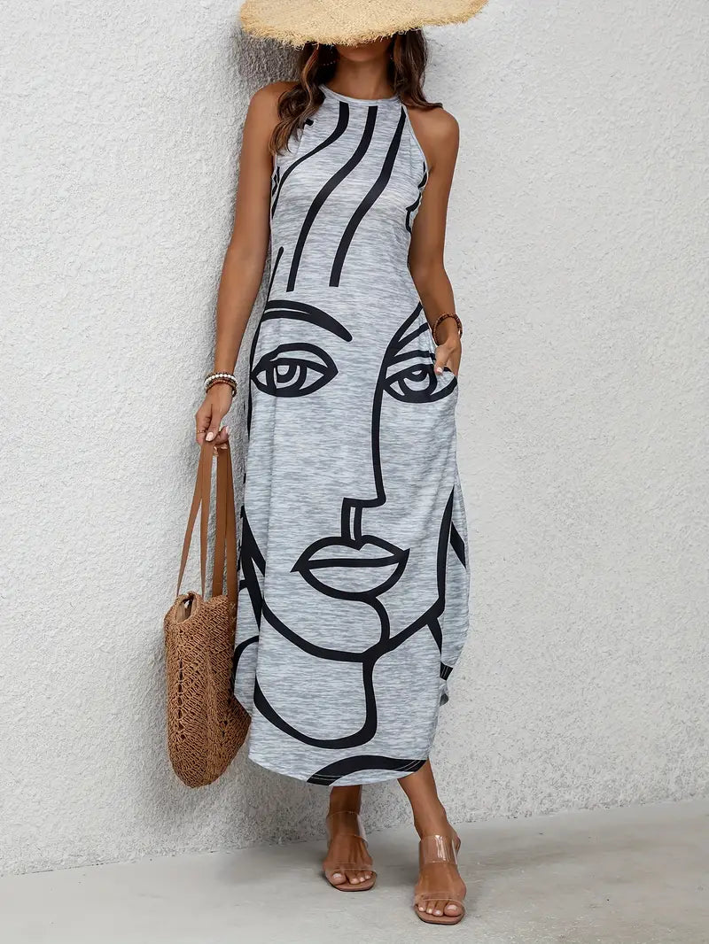 Zaria – Maxi abito senza maniche con stampa di volti astratti