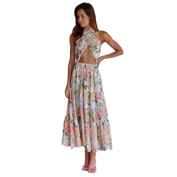 Romina – Abito lungo con scollo all'americana e ritaglio floreale