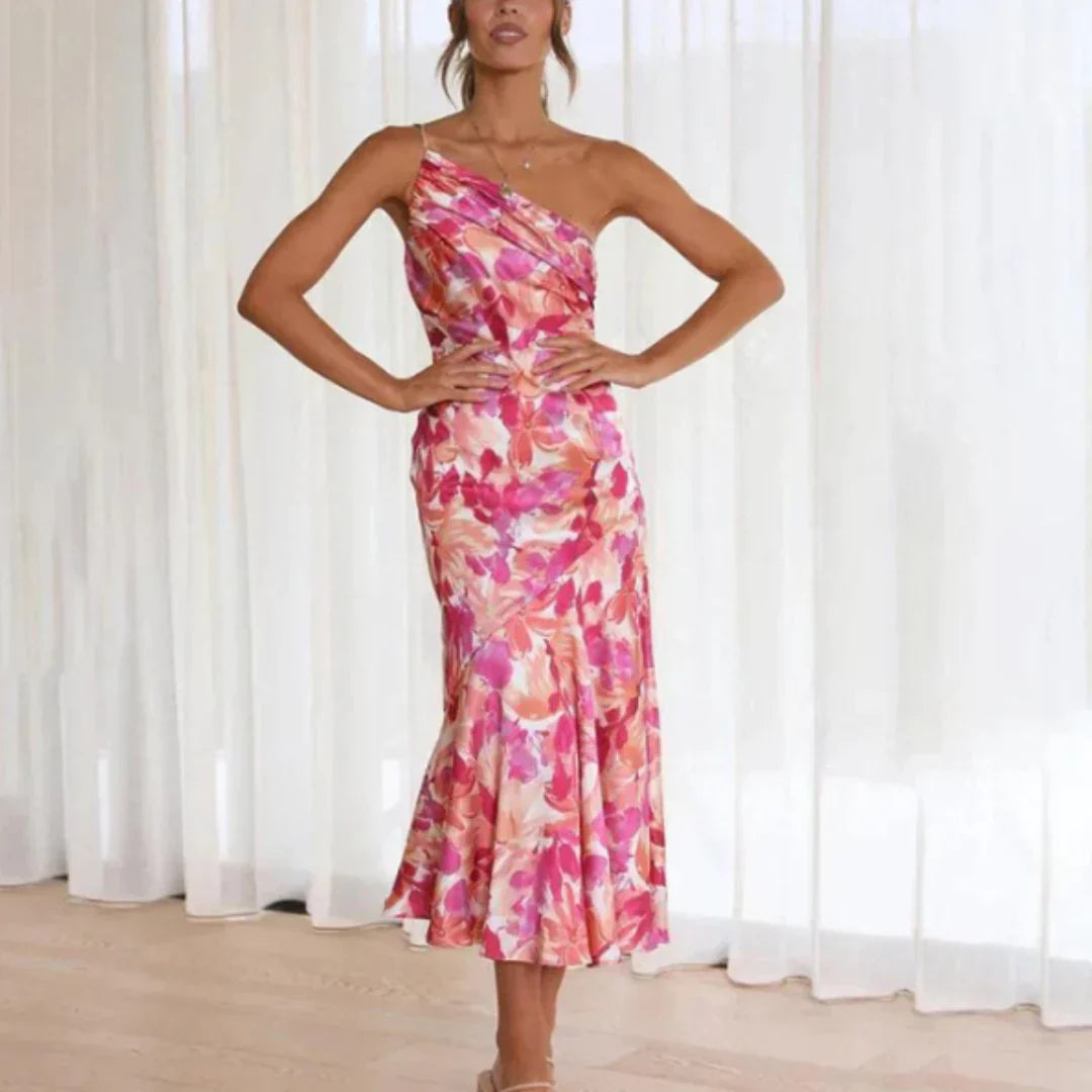 Selvita – Abito midi monospalla in raso floreale