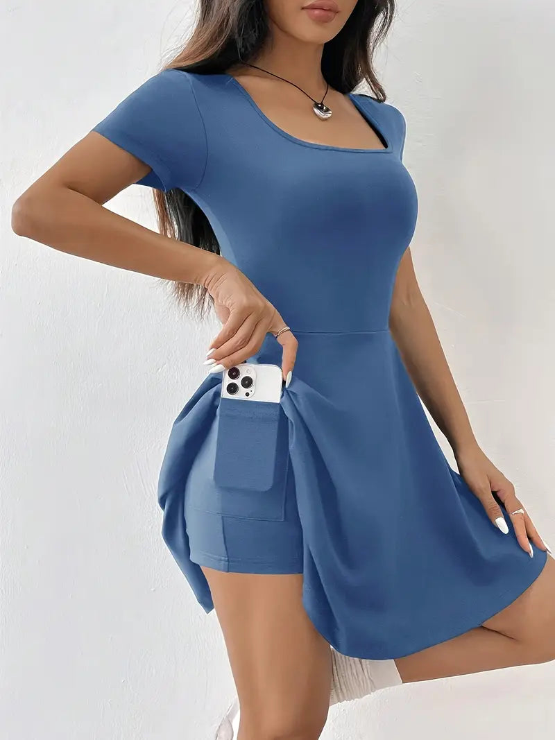 Gudrun – Elegante abito skater con pantaloncini e tasca integrati