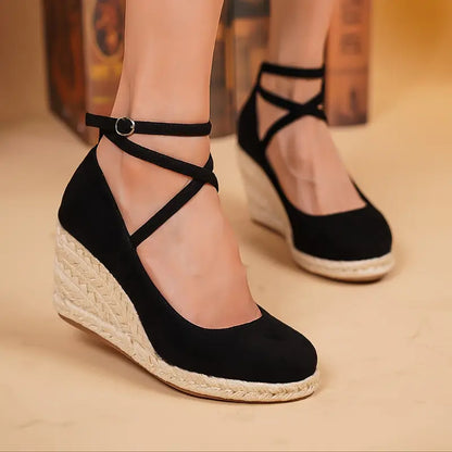 Leija – Espadrillas nere con zeppa e cinturino alla caviglia