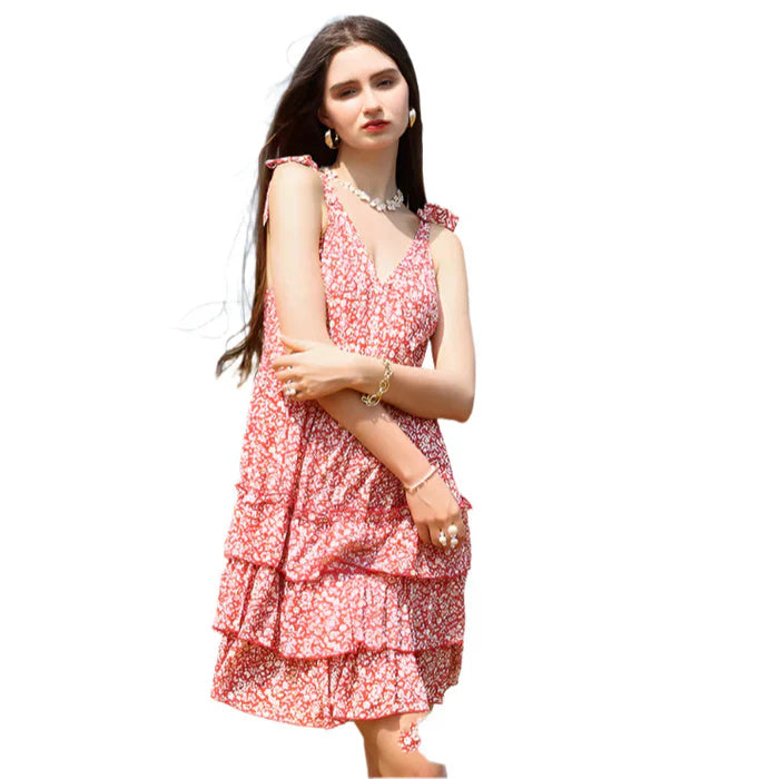 Lorevina – Miniabito floreale a balze a strati con spalline annodate