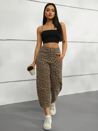 Vexalyn - Pantaloni in denim di cotone con stampa leopardata