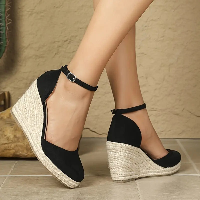 Hanalyn – Espadrillas in pelle scamosciata con cinturino alla caviglia e tacco a zeppa