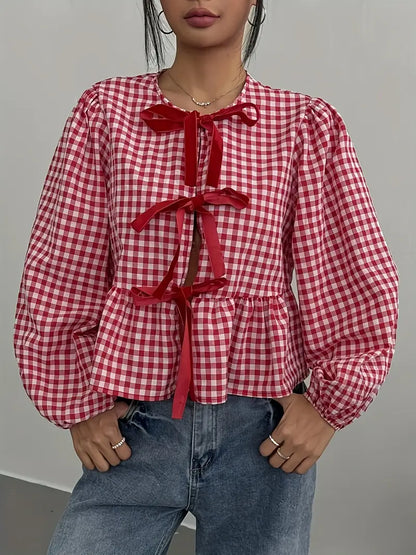 Liora - Camicetta vintage a quadri con maniche lunghe