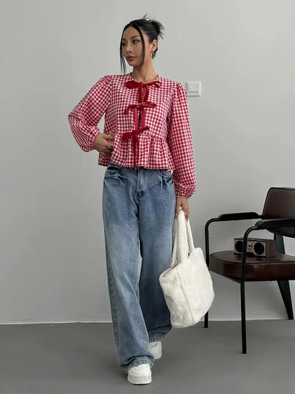 Liora - Camicetta vintage a quadri con maniche lunghe