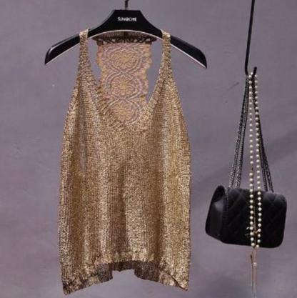 Kirelle – Canotta in maglia scintillante con schiena in pizzo