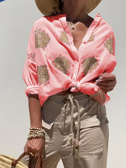 Lumirae – Camicia classica boho a maniche lunghe con ricami