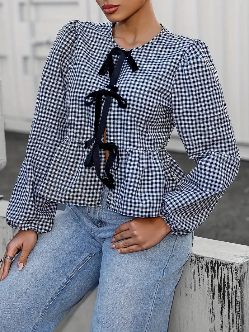 Liora - Camicetta vintage a quadri con maniche lunghe