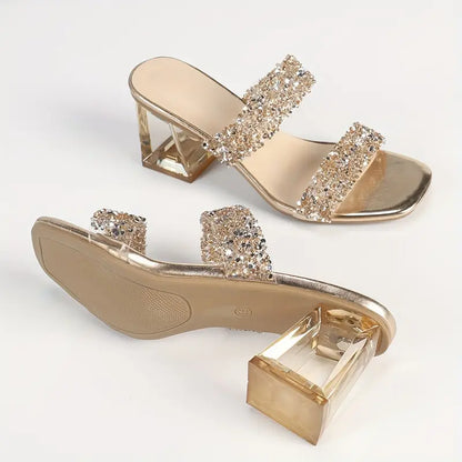 Melisette – Sandali con tacco a blocco trasparente e cinturini glitterati
