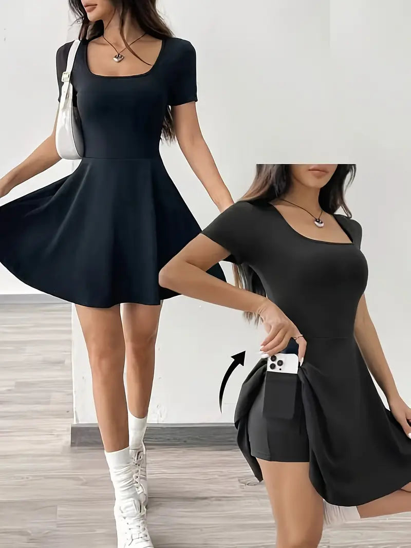 Gudrun – Elegante abito skater con pantaloncini e tasca integrati