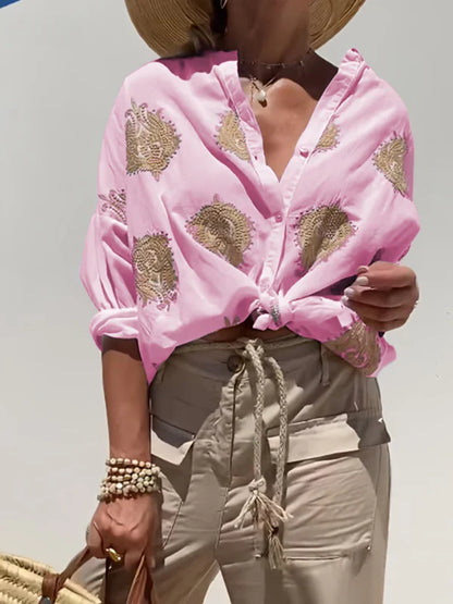Lumirae – Camicia classica boho a maniche lunghe con ricami
