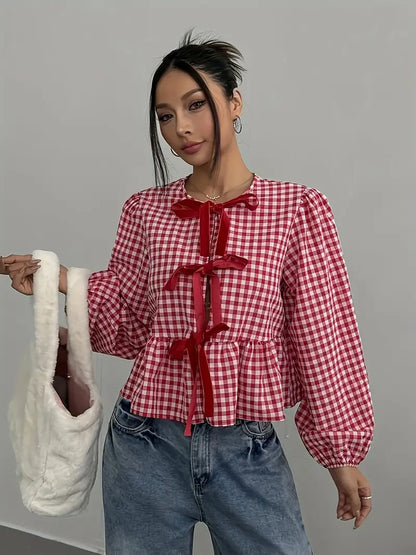 Liora - Camicetta vintage a quadri con maniche lunghe