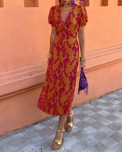 Jocell – Abito midi floreale vintage con maniche a sbuffo