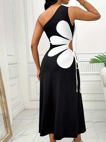 Serenelle – Maxi abito monospalla con stampa floreale