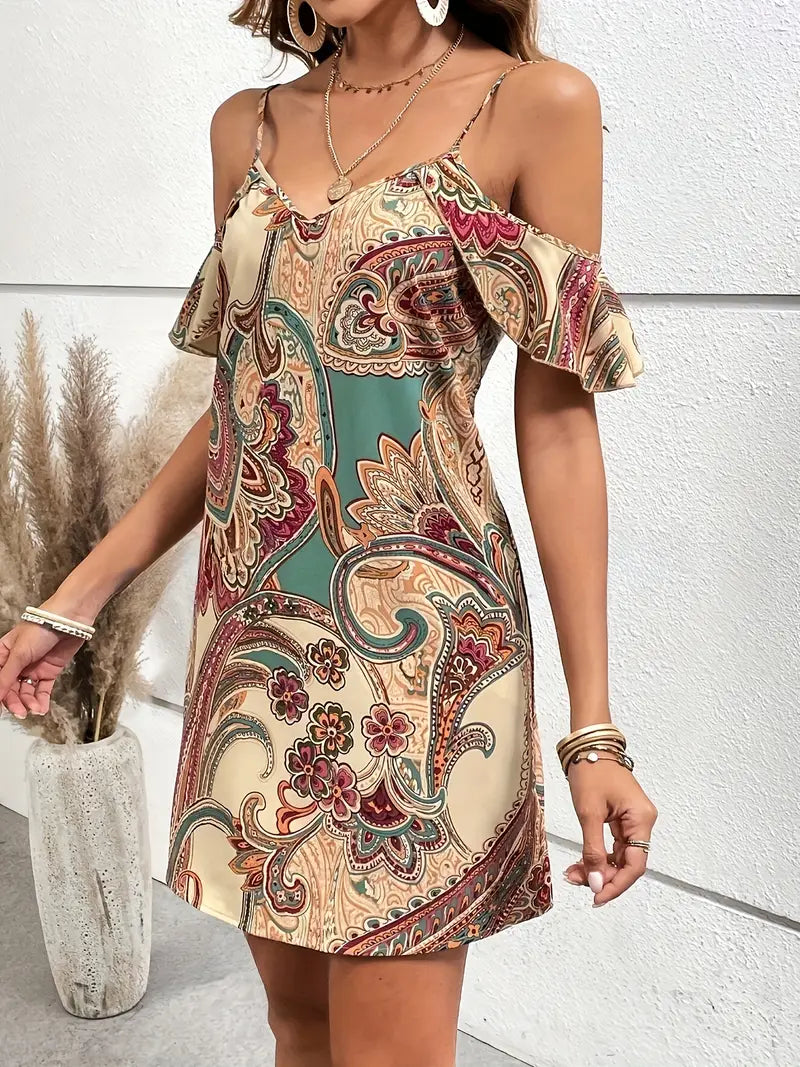 Sylvessa – Abito con spalle scoperte bohemien con motivo cachemire