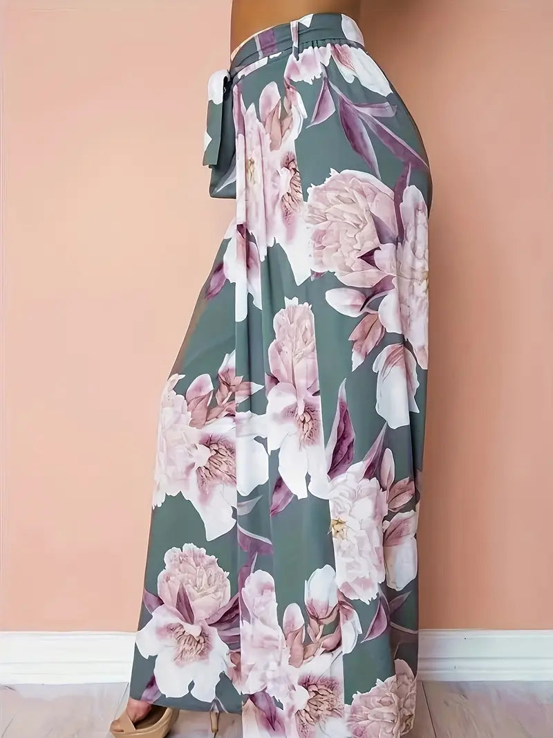 Aisling – Pantaloni palazzo a gamba larga con vita alta e stampa floreale e cintura annodabile