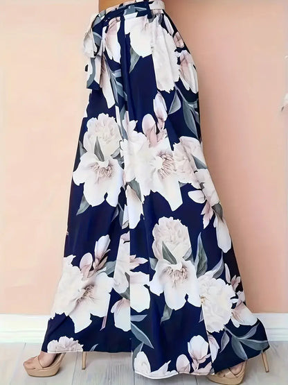 Aisling – Pantaloni palazzo a gamba larga con vita alta e stampa floreale e cintura annodabile