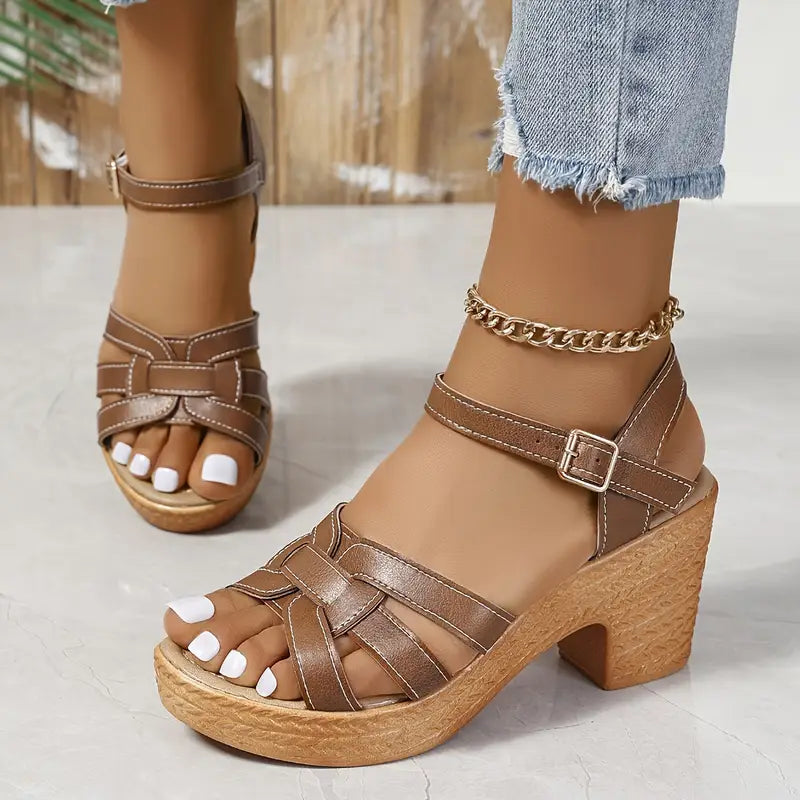 Eldarose – Sandali vintage con cinturino intrecciato e tacco grosso