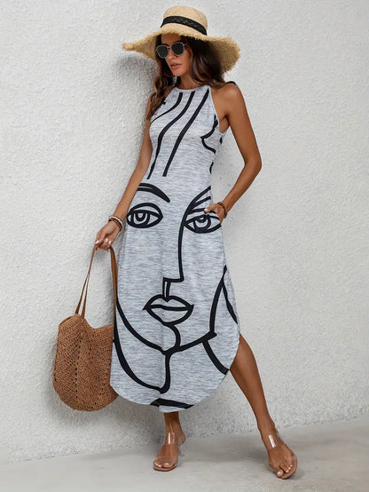 Zaria – Maxi abito senza maniche con stampa di volti astratti
