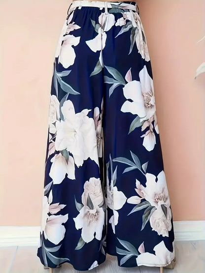 Aisling – Pantaloni palazzo a gamba larga con vita alta e stampa floreale e cintura annodabile