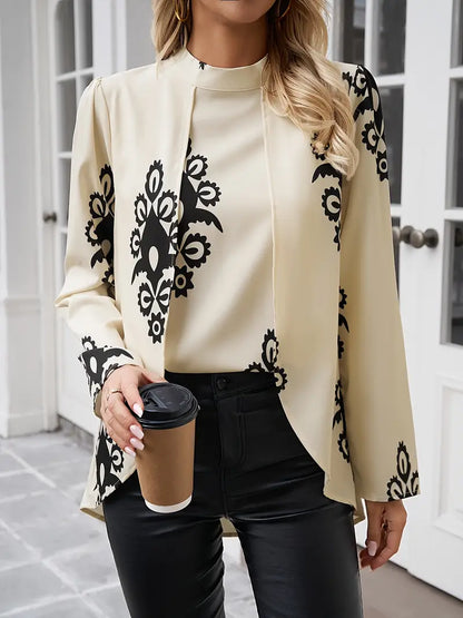 Veloria – Blusa chic e lunga a collo alto con stampa artistica