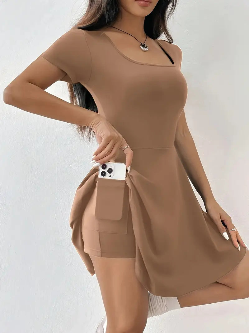 Gudrun – Elegante abito skater con pantaloncini e tasca integrati