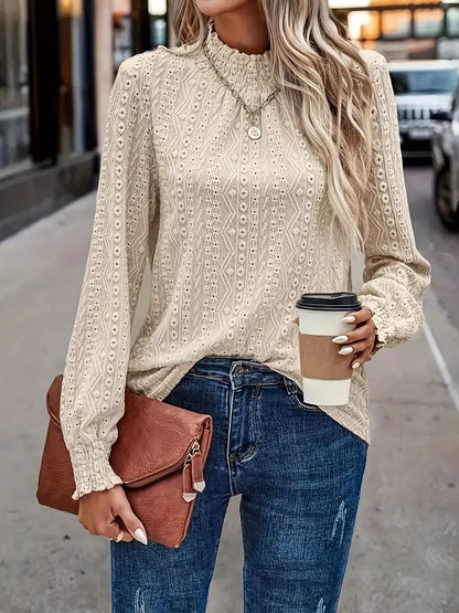 Rowindra – Camicetta classica con bordi a volant e maniche lunghe