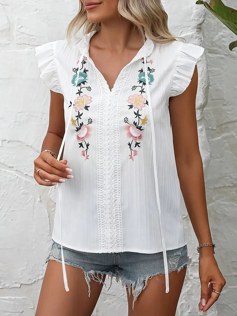 Elysia – Camicetta vintage con maniche a volant ricamate