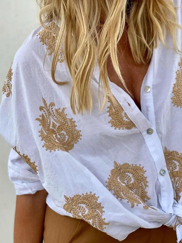 Lumirae – Camicia classica boho a maniche lunghe con ricami