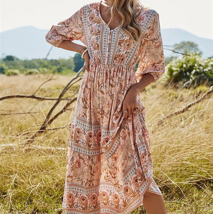 Mahlia – Abito midi boho con stampa floreale e scollo a V