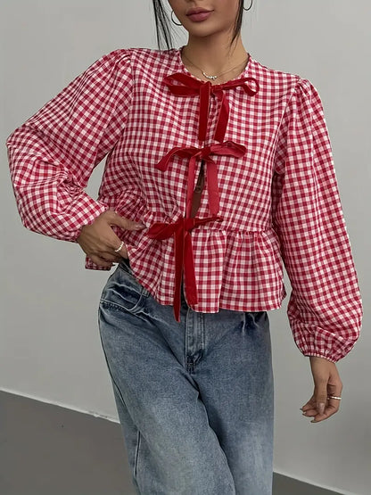 Liora - Camicetta vintage a quadri con maniche lunghe