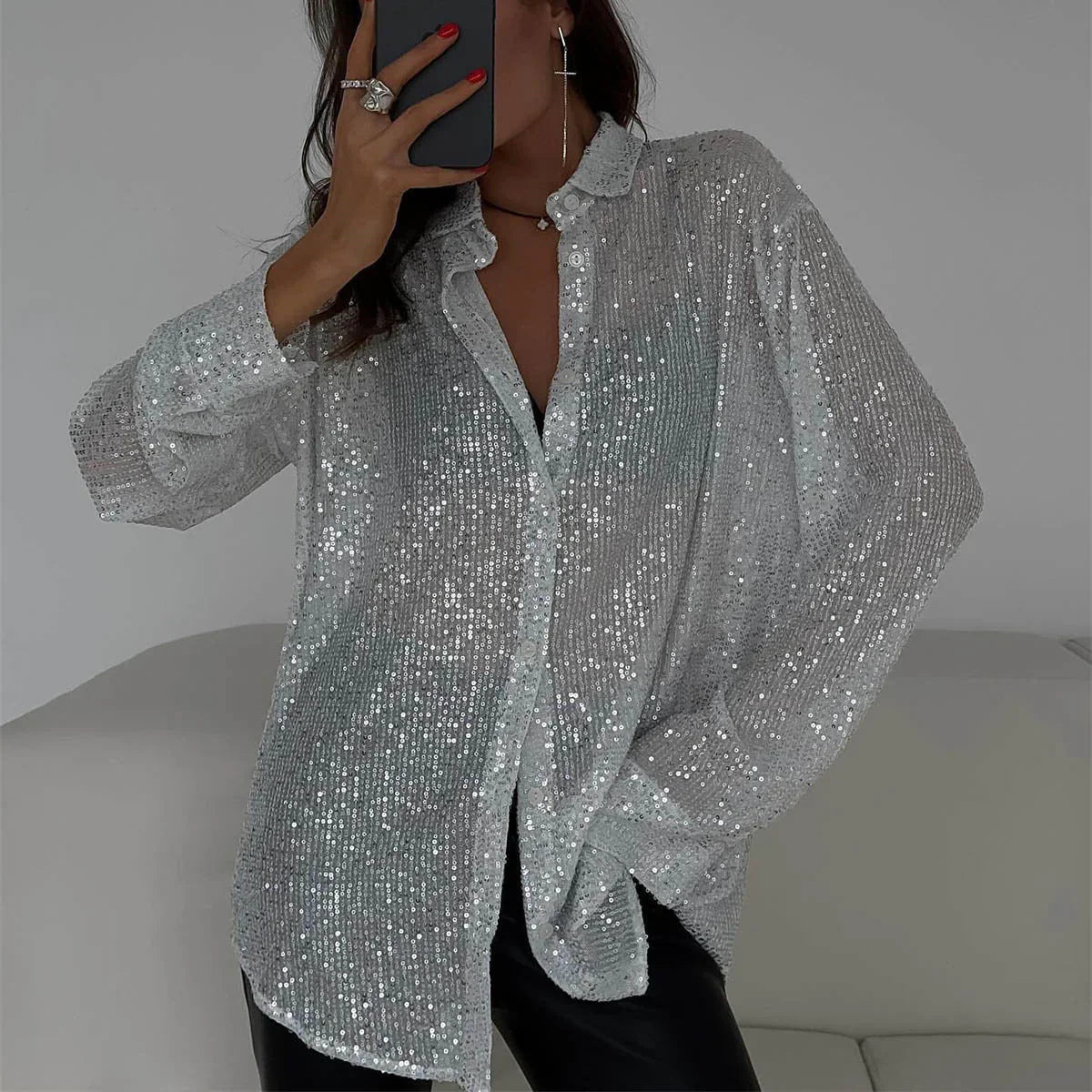 Eiralei – Camicia a maniche lunghe con paillettes e bottoni