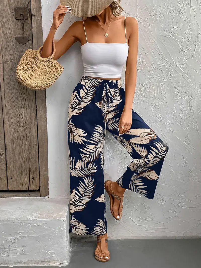 Denielle – Pantaloni eleganti a gamba larga con motivo a foglie