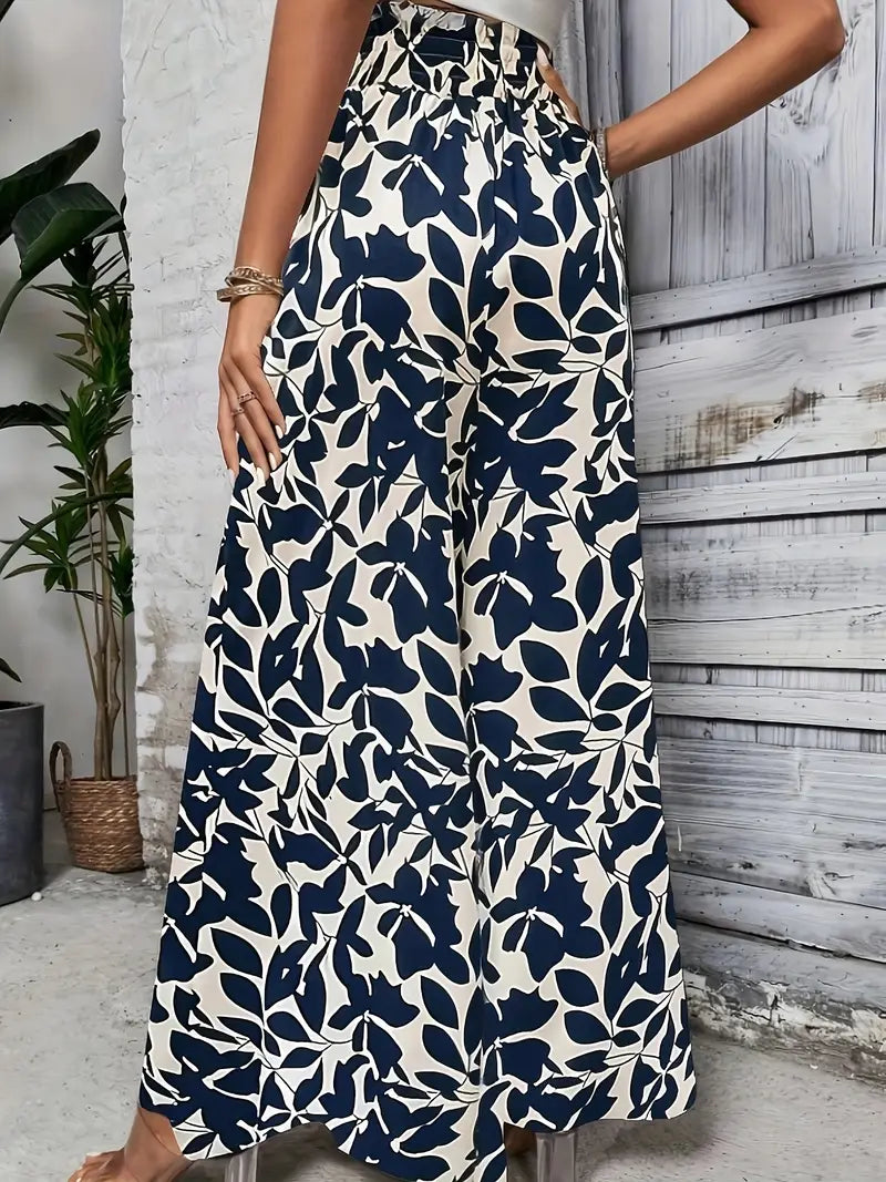 Sunniva – Pantaloni palazzo a gamba larga con stampa a foglie