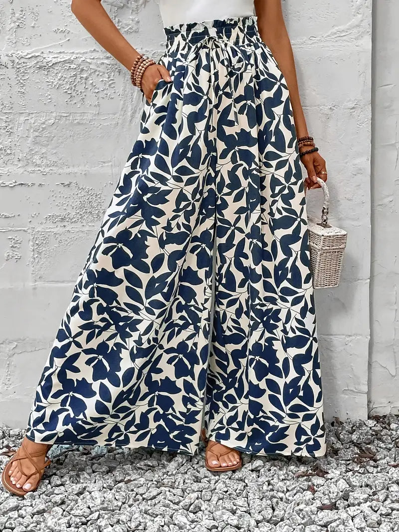 Ivy – Pantaloni larghi blu navy con motivo a foglie