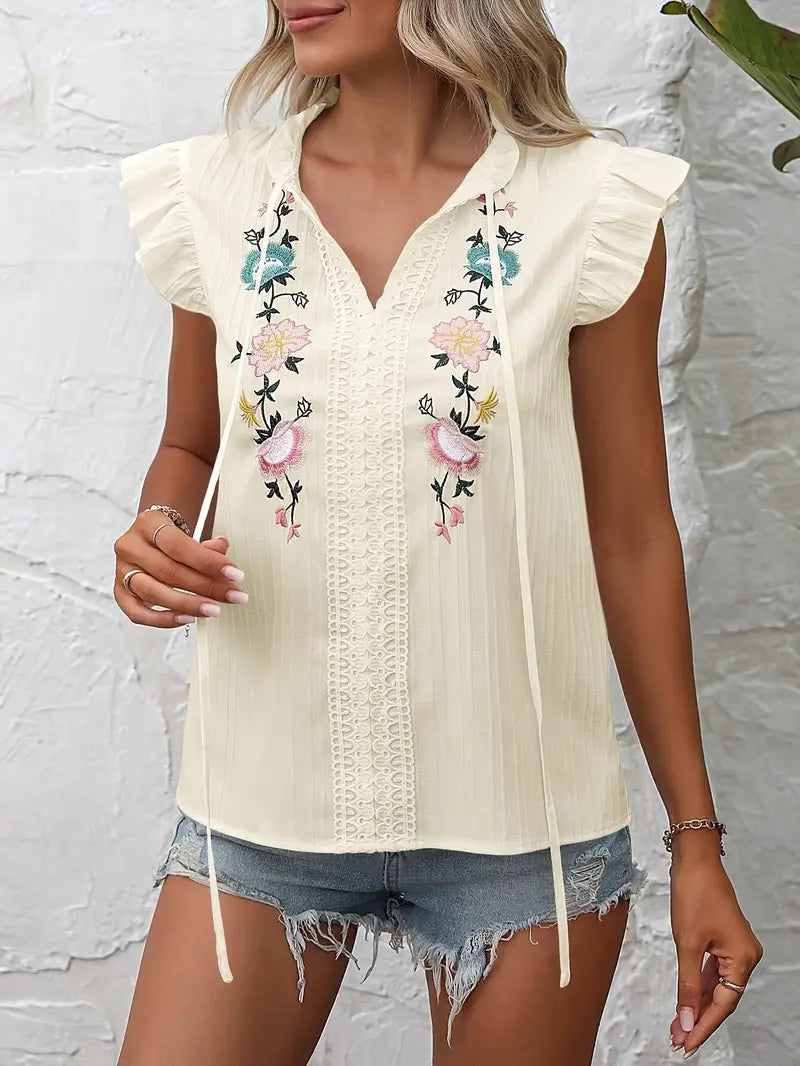 Elysia – Camicetta vintage con maniche a volant ricamate