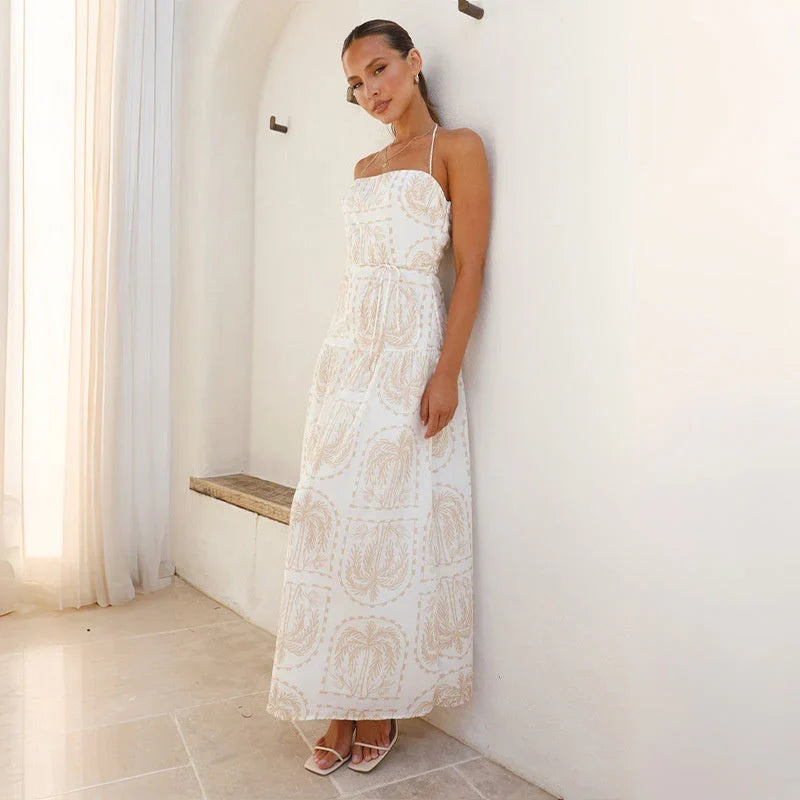 Aquila – Abito lungo allacciato al collo in cotone e lino