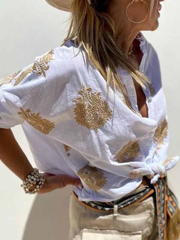 Lumirae – Camicia classica boho a maniche lunghe con ricami
