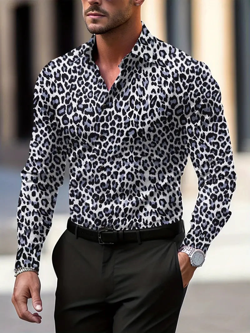 Anthony - Camicia da uomo con stampa leopardata con stampa grafica