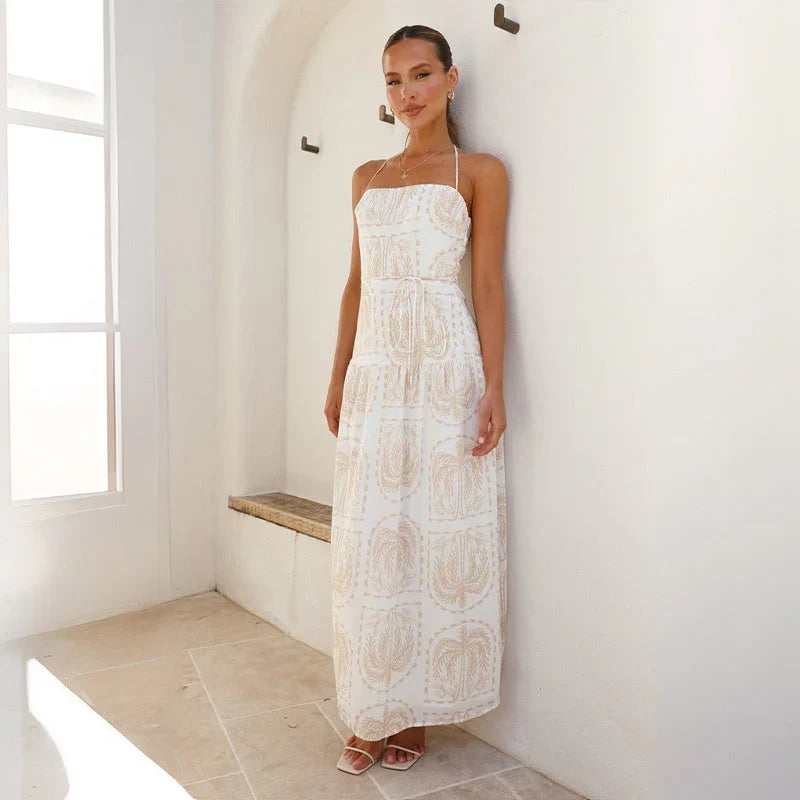 Aquila – Abito lungo allacciato al collo in cotone e lino