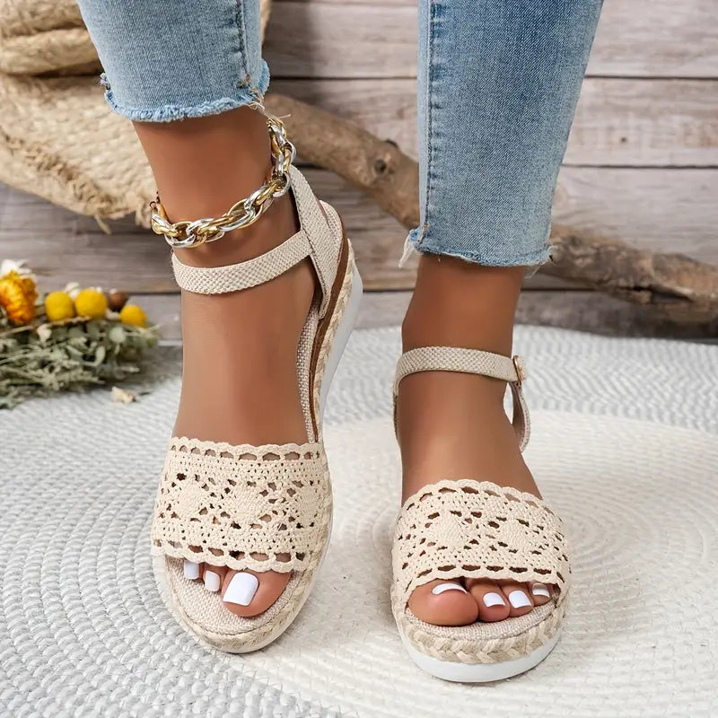 Veniza - Espadrillas boho con tacco a zeppa e motivo all'uncinetto