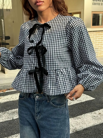Liora - Camicetta vintage a quadri con maniche lunghe