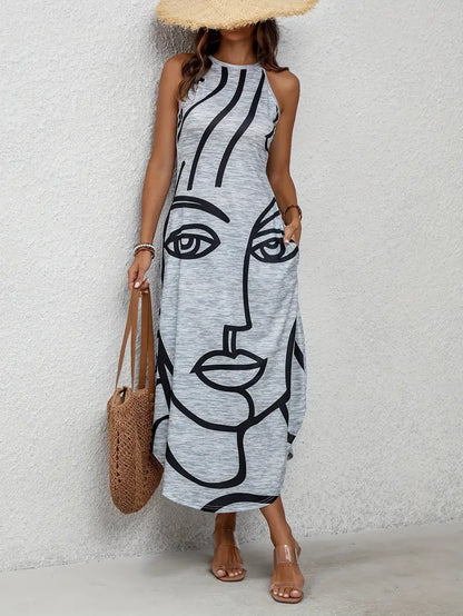 Zaria – Maxi abito senza maniche con stampa di volti astratti