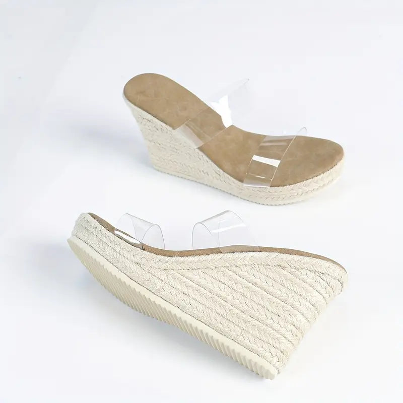 Lilou – Mules espadrillas con cinturino trasparente e tacco a zeppa