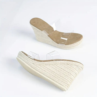 Lilou – Mules espadrillas con cinturino trasparente e tacco a zeppa