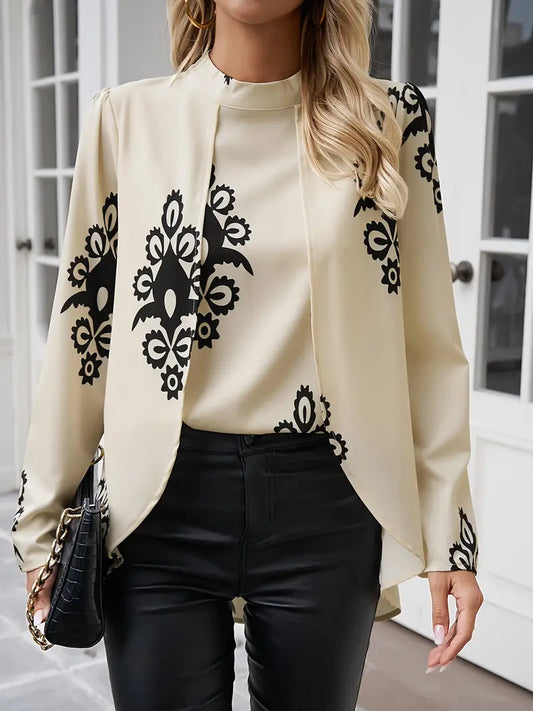 Veloria – Blusa chic e lunga a collo alto con stampa artistica