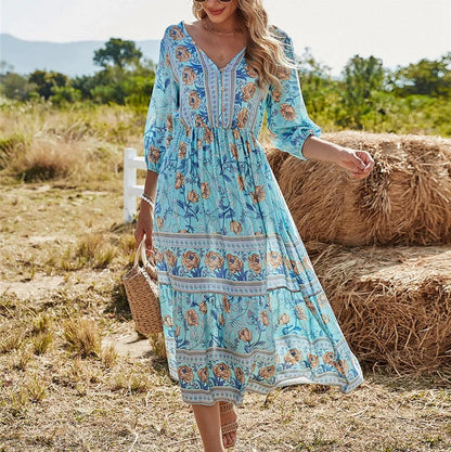 Mahlia – Abito midi boho con stampa floreale e scollo a V
