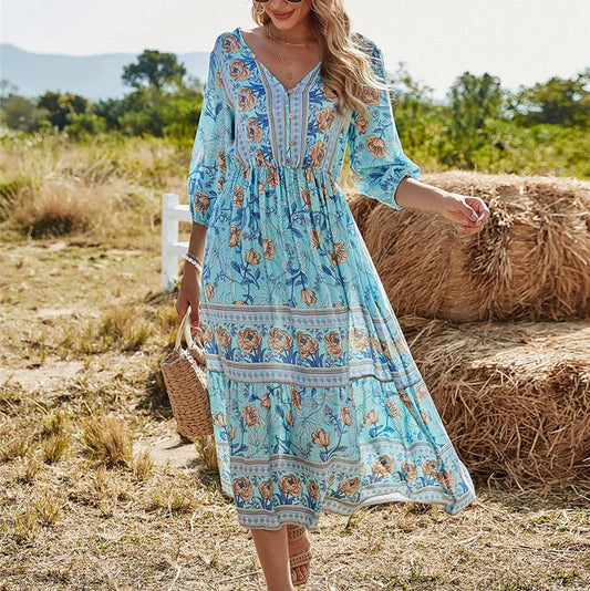 Mahlia – Abito midi boho con stampa floreale e scollo a V